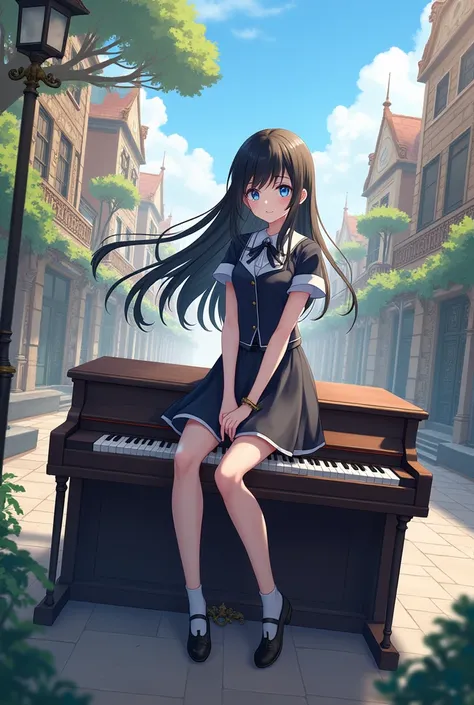 Black haired, genshin impact, girl, uniform, fontaine, light blue eyes, sitting on a piano