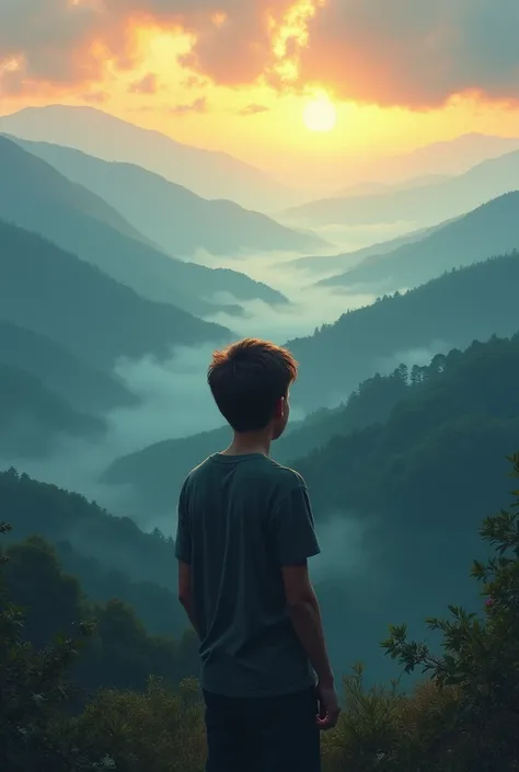 I want a cover for a book that has to represent something like we are once in our lives, that is, a young silhouette looking at a beautiful landscape, a realistic image. 