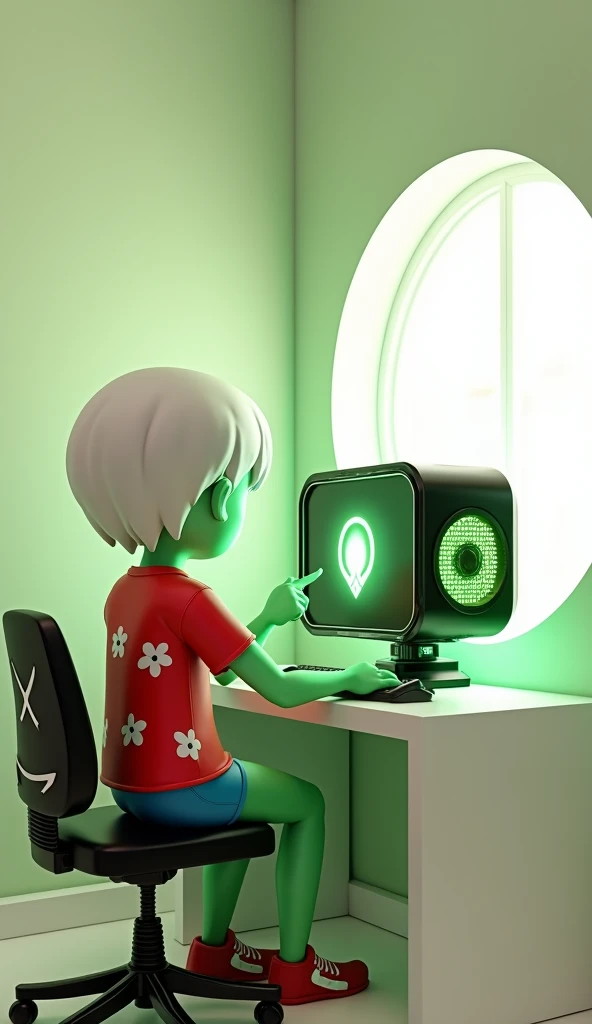 The image shows a character sitting in front of a computer. The character has light green skin, white hair and wears a red shirt with white flower prints, besides blue shorts. He is pointing at the computer screen with the index finger of his right hand., ...