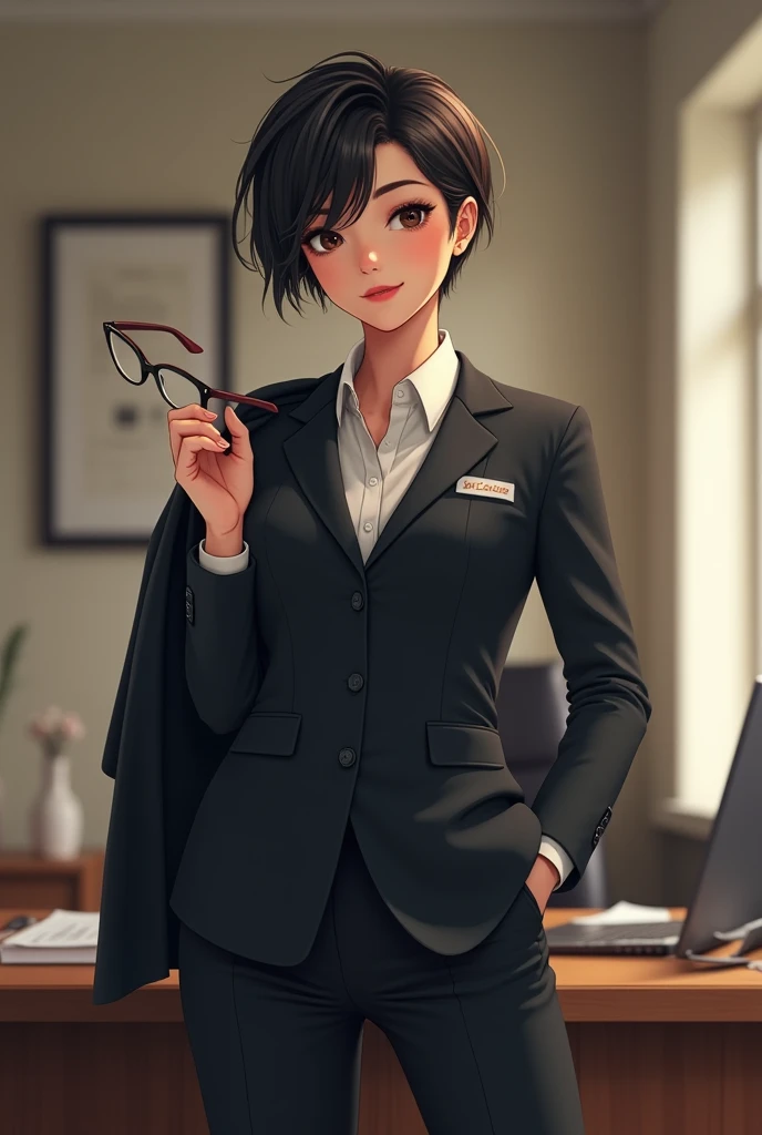 A tomboy girl with a coat On her shoulders and She wears business suit, while holding her glasses and a company desk behind her (bottom view, realistic) 