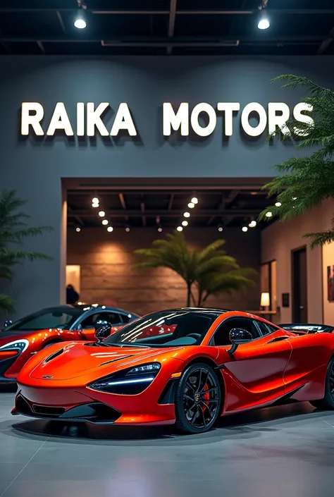 A car showroom named RAIKA MOTORS written on the wall . Lamborghini  and a mclaren parked in the front of the wall