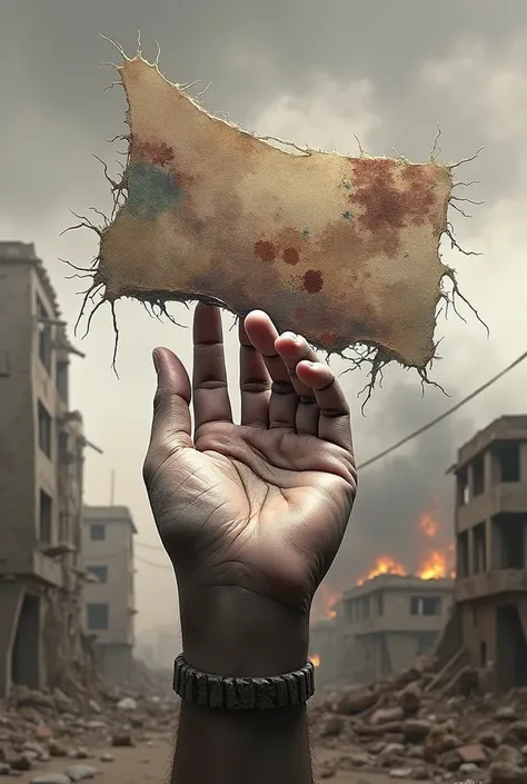 Hand holds this cloth up in the middle of a bombed city 