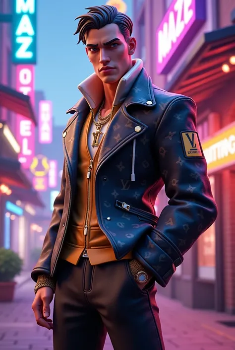 A picture in Fortnite graphics where a male Fortnite skin with Louis Vuitton clothes can be seen and on the picture the name Maze should be written large and clearly