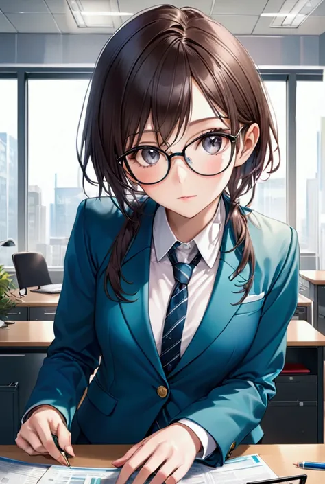 A tomboy girl with a coat On her shoulders and She wears business suit, while holding her glasses and a company desk behind her (bottom view, realistic) 