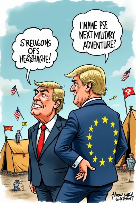 Create a satirical cartoon that criticizes the handling of the migration crisis by the European Union and the United States. Show a character representing the United States, smiling and excited about the situation, as if he were planning a &#39;next milita...