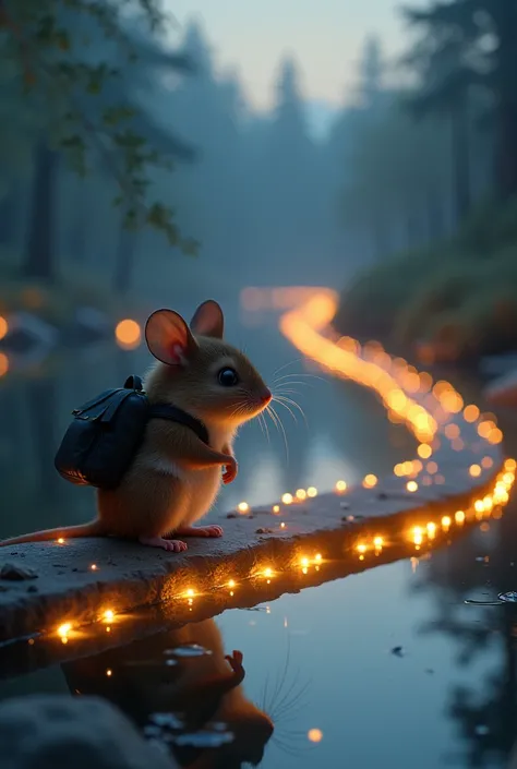 little mouse, chubby brown fur, with a black backpack on his back, The mouse finds himself walking across a bridge made of lights that leads to a quiet clearing with a serene lake.. the place is getting dark. You can see from the sky the mouse sitting at t...