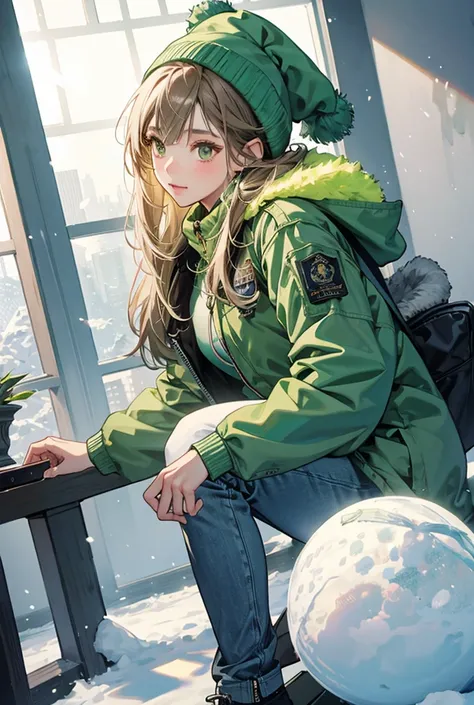 Ball with snow inside, There is a girl in it, long green hair, Brown eyes, blue jacket, grey jeans