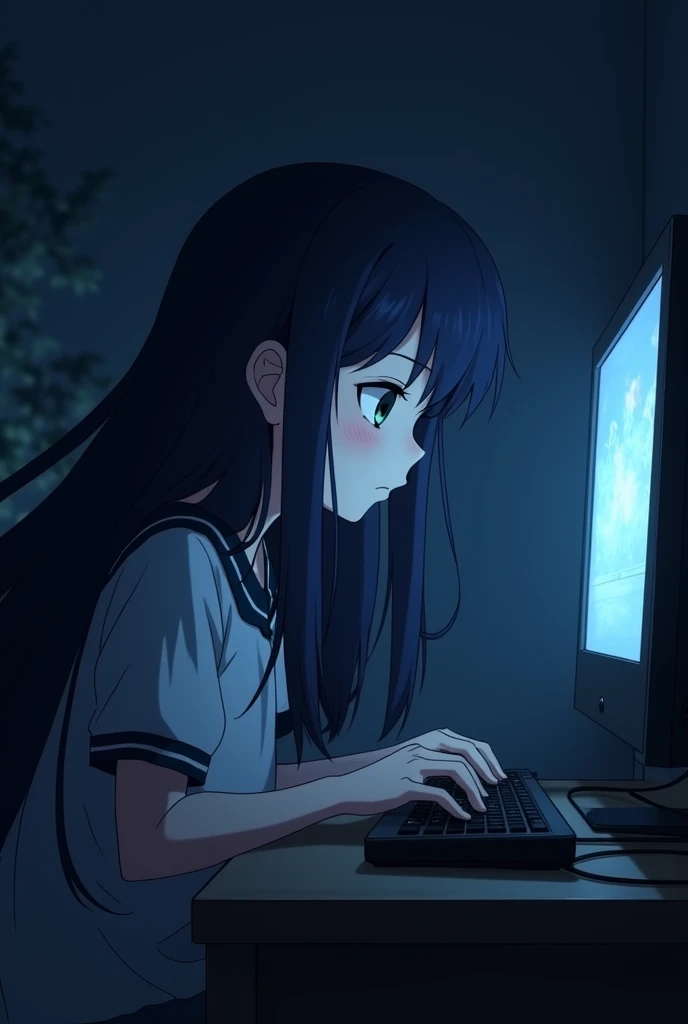 Anime illustration of a girl playing on a PC, Long navy blue hair at night 