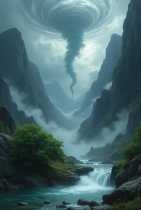 landscape, mountains, dark and rainy sky, tornados, good heavens, Storm, Hail, In the middle of a small waterfall with a bush where everything is calm despite the disaster around it.