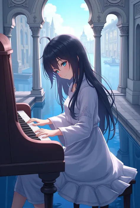 Black haired, genshin impact, girl, uniform, fontaine, light blue eyes, playing the piano, fontaine, Genshin Impact 