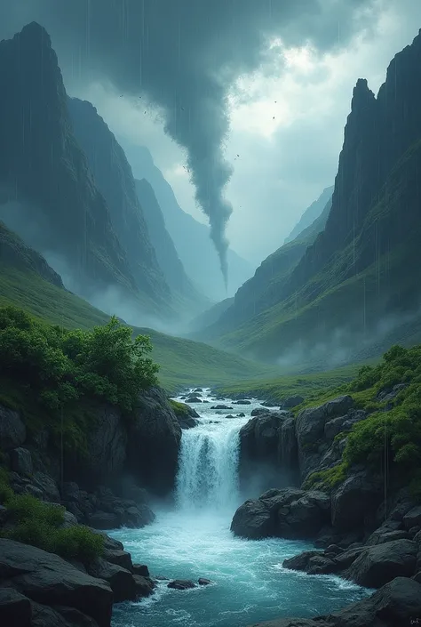 landscape, mountains, dark and rainy sky, tornados, good heavens, Storm, Hail, In the middle of a small waterfall with a bush where everything is calm despite the disaster around it.