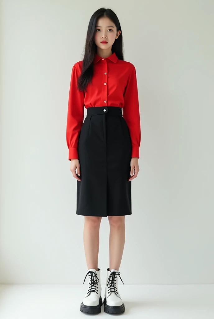 South korean woman wearing a red dress shirt, skirt and white combat boots.