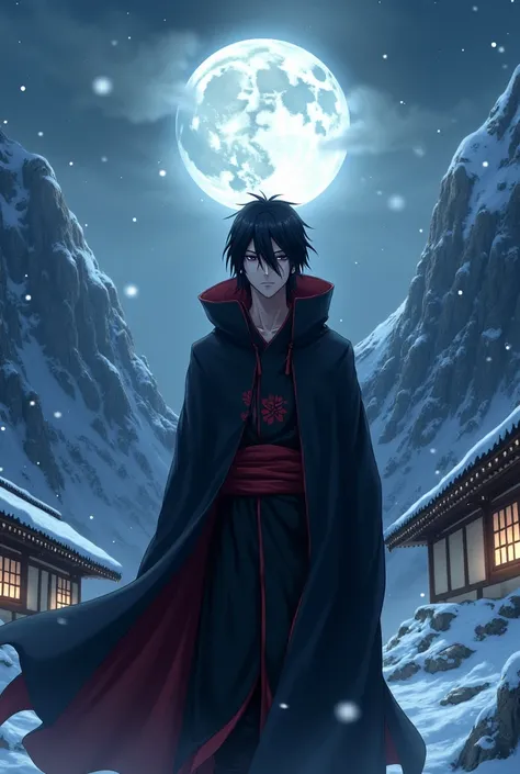 Anime itachi uchia in. Akastuki dress in ninja house and snow moon lightin mountain