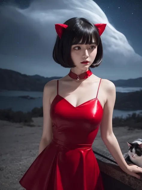 Delicate and dainty young woman with shiny bob-cut black hair and cat ears. She is wearing red only symple dress with mini-skirt. The background is a fantastic and ethereal night sky that seems to be haunted by a specter. Her expression is stern and atmosp...