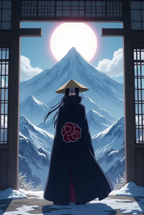 Anime itachi uchia in. Akastuki dress in ninja house and snow moon lightin mountain wearing a straw hatt