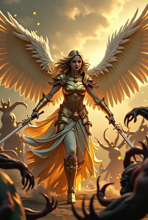 Angel women cutting into a horde of demons, she is wearing golden armour and has giant white feathered wings ￼