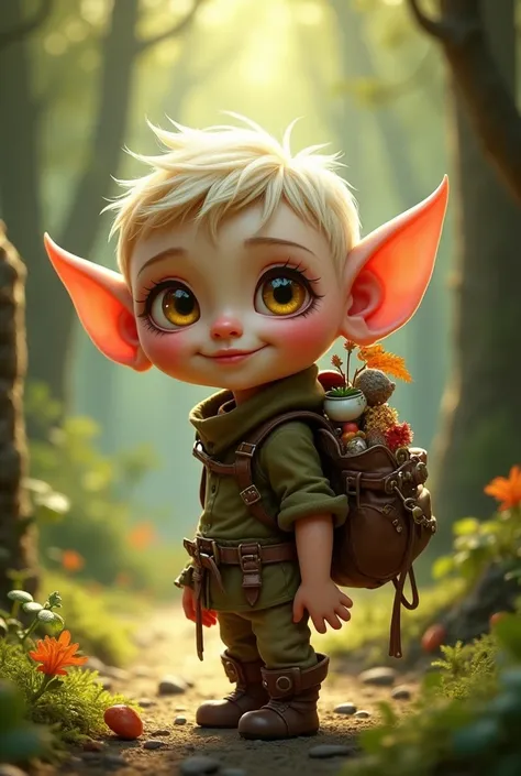 Cute little elf with yellow eyes with a backpack full of trinkets and wearing brown clothes 