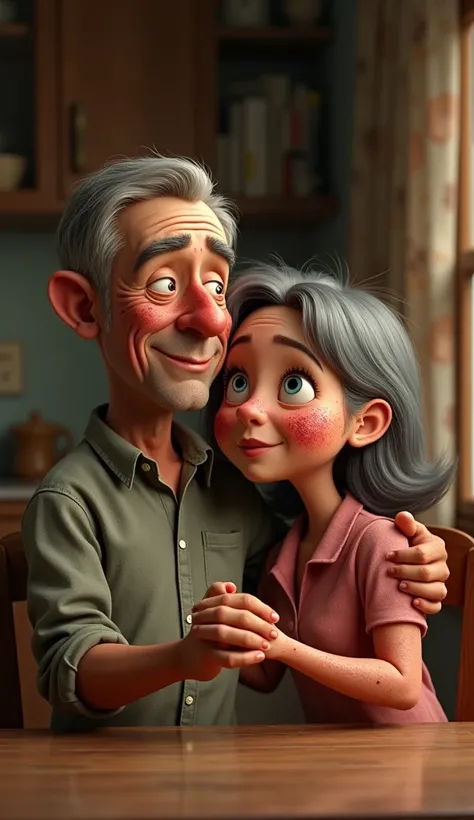 A blind husband and his ugly wife with red large spots skin disease on her face at their home, pixar style, cinematic, masterpiece, high-aesthetic, portrait