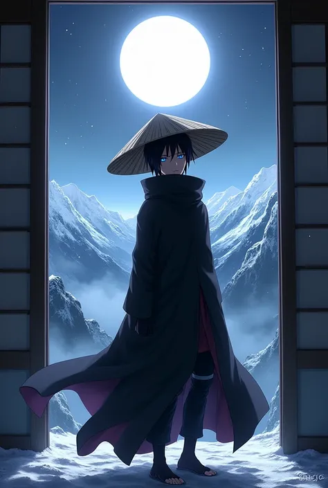 Anime itachi uchia in with magyko sharigana eye. Akastuki dress in ninja house and snow moon lightin mountain wearing a straw hatt