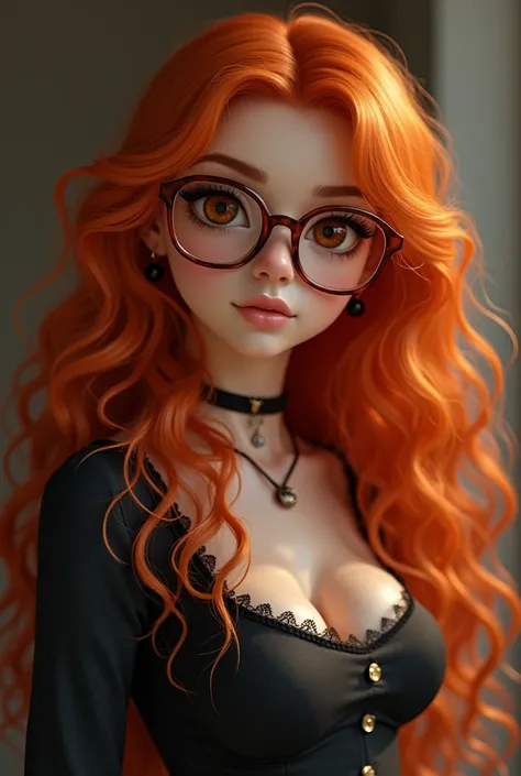 A girl with orange curly long hair, with brown glasses, brown eyes and black clothes. She has big tits and has sex with a tall blond-haired boy