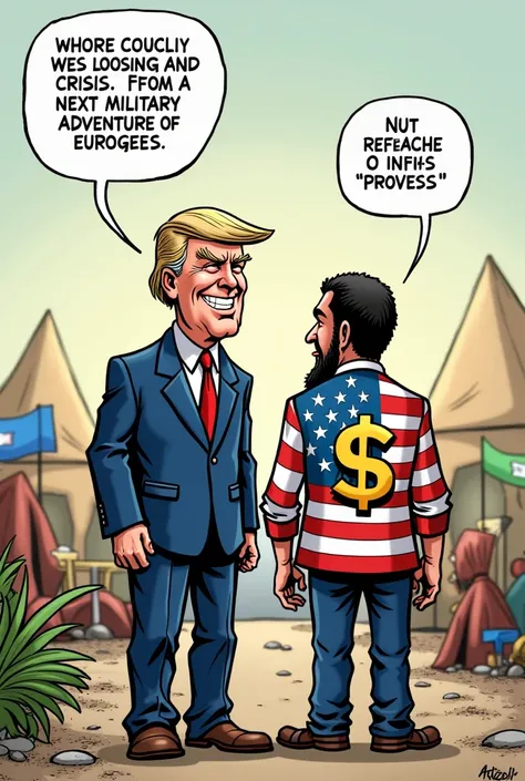 Create a satirical cartoon that criticizes the handling of the migration crisis by the European Union represented by a woman and by the United States represented by the current president. Show a character representing the United States, smiling and excited...