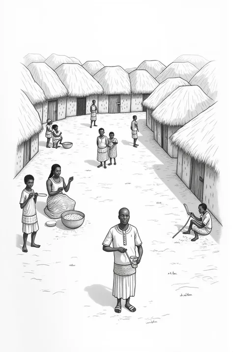 Draw a very simple sketch of awhite and black hand drawing storyboard of a cutaway Nigerian village and the village life showcasing cultural traditions and daily activities