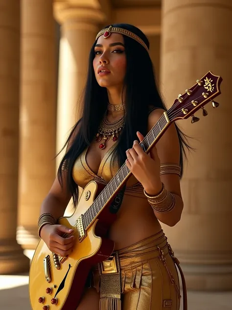 Scene: An egyptian goddess playing a guitar Gibson Les Paul inside a Ancient Egyptian Temple.

Body: The face is like Dua Lipa. She has a very long black straight hair. The breasts are big and voluptuous and hips are very strong and toned. The waist is tin...