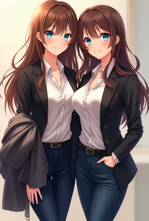 create an anime style image of a 2 woman with fair skin, delicate face with soft features, long brown wavy hair,blue eye, wearing dark jeans, simple blouse and blazers , black boot, and wears a jacket giving a captivating smile