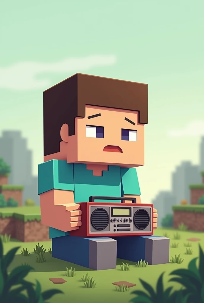 Make a photo of steve from Minecraft listening to a radio, chibi more cuteness more Minecrafty dont put any emotion on him