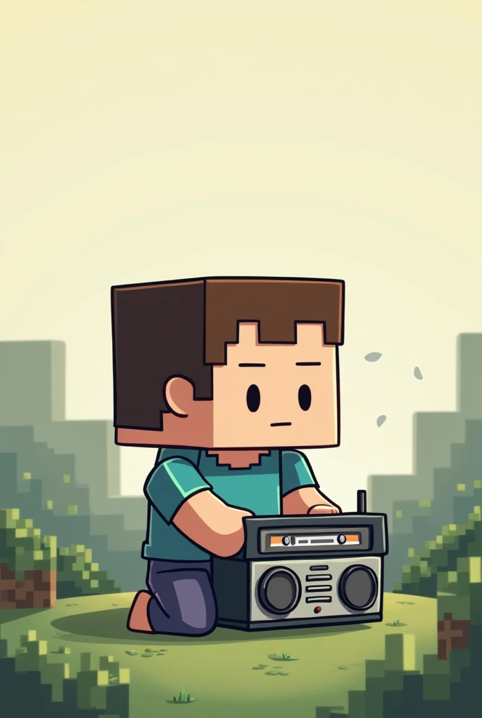 Make a photo of steve from Minecraft listening to a radio, chibi more cuteness more Minecrafty dont put any emotion on him