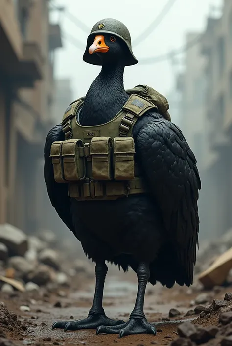 create a black goose with military clothing and helmet