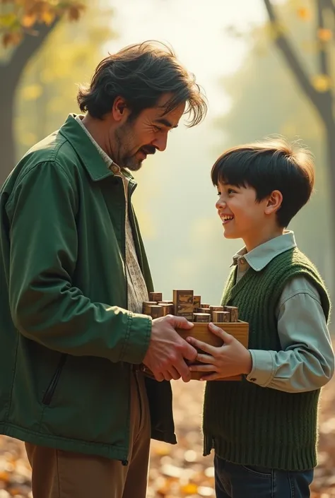 Adult man with somewhat disheveled black hair, who wears a GREEN JACKET WITH A SHIRT INSIDE, hands a box of antique building blocks to a smiling TEENAGER, with black hair, He hands it over to you, The boy is wearing a green knitted vest. The camera is loca...