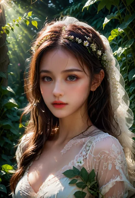 1girl, Backlight, a girl in a backlit garden, beautiful detailed eyes, beautiful detailed lips, extremely detailed eyes and face, long eyelashes, detailed skin, delicate facial features, floral crown, ethereal, soft lighting, glowing skin, cinematic, drama...