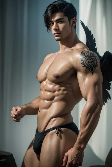 (a muscular handsome young man), solo, perfect facial features, short hairstyle, bare muscular torso, wearing a thong, [nature:fantasy: mythical:1.5], beautiful, gorgeous, wet, digital painting, fine art, digital art, magical, mystical, ethereal, unique st...