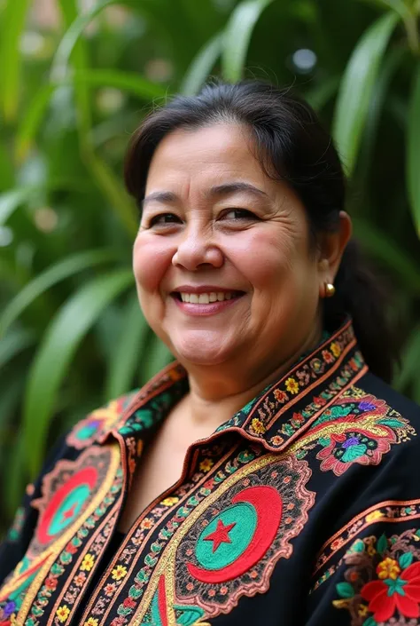 Close-up, plump woman, wearing an embroidered and patterned jacket . The jacket features the Algerian flag prominently displayed on its chest, green nature background 4k