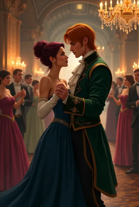 Young woman with wine-colored hair in a bun, greeneyes,  in dark blue strapless dress, with white three-quarter gloves, at a ball dancing waltz with a tall, strong man, with shoulder length orange hair, wearing dark green noble robes, in a crowded hall in ...