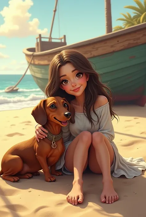 Dachshund with brunette girl on the beach with a boat in the background