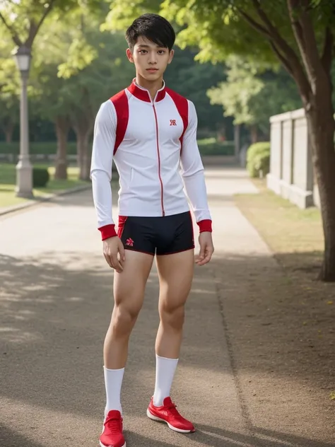  teenagers , very young , light-skin , wearing an dark red sexy underwear, tmasterpiece，k hd，the feet，Transparent sports vest，semi transparent，black long socks，The barefoot , red colour , handsome and cute , extreme cute boy , white skin , dark red underwe...