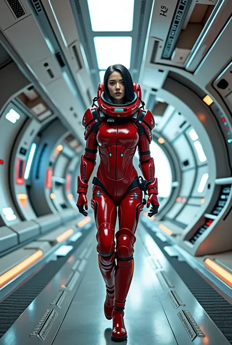 Woman with red space equipment, walking through the ship