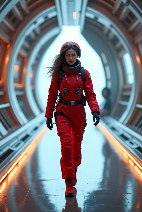 Woman with normal and current red space equipment, walking through the ship