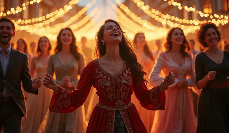 Scene of a Jewish celebration with people in traditional attire dancing and singing, festive lights in the background, conveying joy and communion