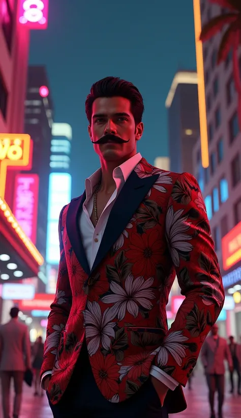 young billionaire with mustache and mobster outfit getting married in Vice City scarface style tony montana flower shirt