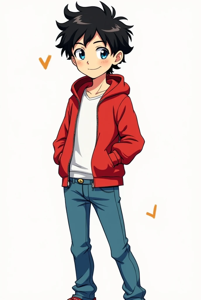 A sketch of a boy with black curly hair 5 foot 8 wearing a red jacket and blue jeans and smiling with two blue eyes and is  in anime style in black and white colours