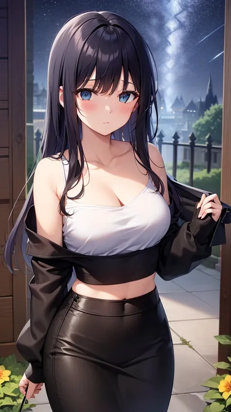 masterpiece, best quality, high detail, beautiful woman, shy, blush, nervous, ((tired)), solo focus, long wavy hair, dark blue hair, hairpin, (blue t-shirt loose crop top one shoulder top), (long sleeves), sleeves past wrists, (black midi pencil skirt), ((...