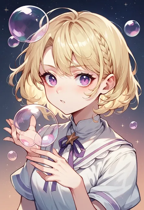 Anime style light blonde hair girl with violet color eyes blowing bubbles under the starry sky