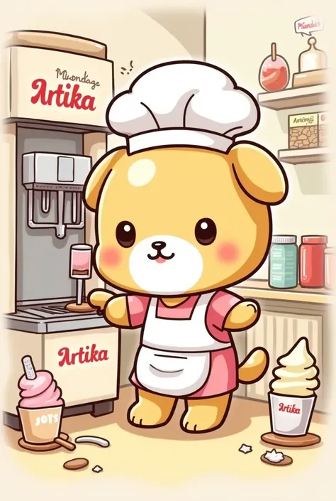 Generate a 2d style drawing of Pompompurin, a Sanrio character, as an ice cream maker for the Artika ice cream brand.