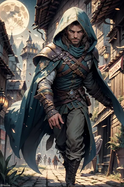 imagine a scenario reminiscent of assassin's creed, where a skilled rogue, clad in a dark hooded cloak, prowls the labyrinthine ...