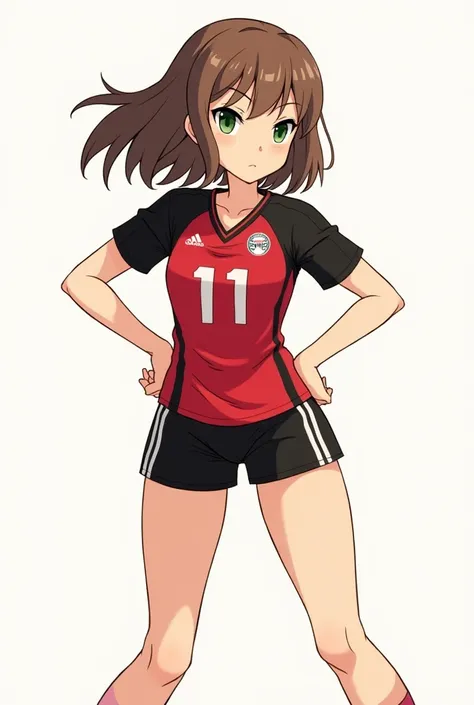 Girl with brown hair and green eyes, wearing the nekoma uniform, Haikyuu drawing style 