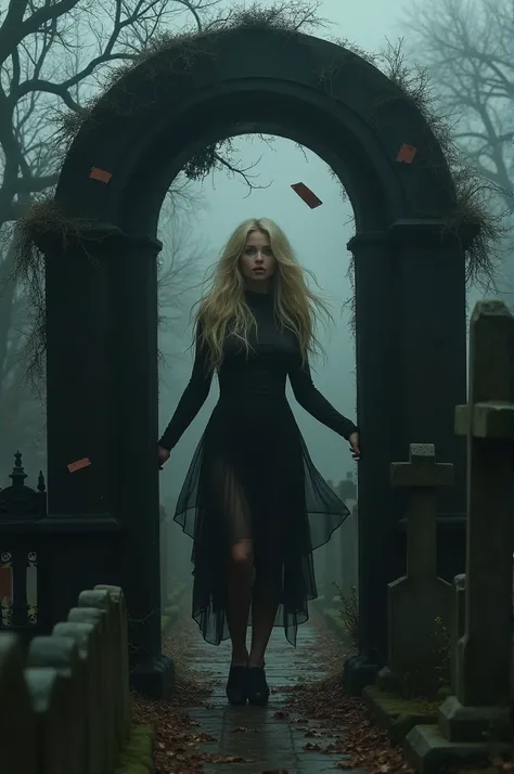 Blonde woman is stuck with her upper body in a black portal, the portal has opened on the cemetery, your cards fly through the air.