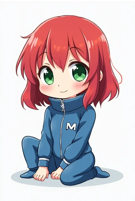 Fais-moi un avatar féminin rousse aux yeux verts en tenue de plongée bleu version manga animé de petite taille comme dans chibi sur un fond transparent assises 